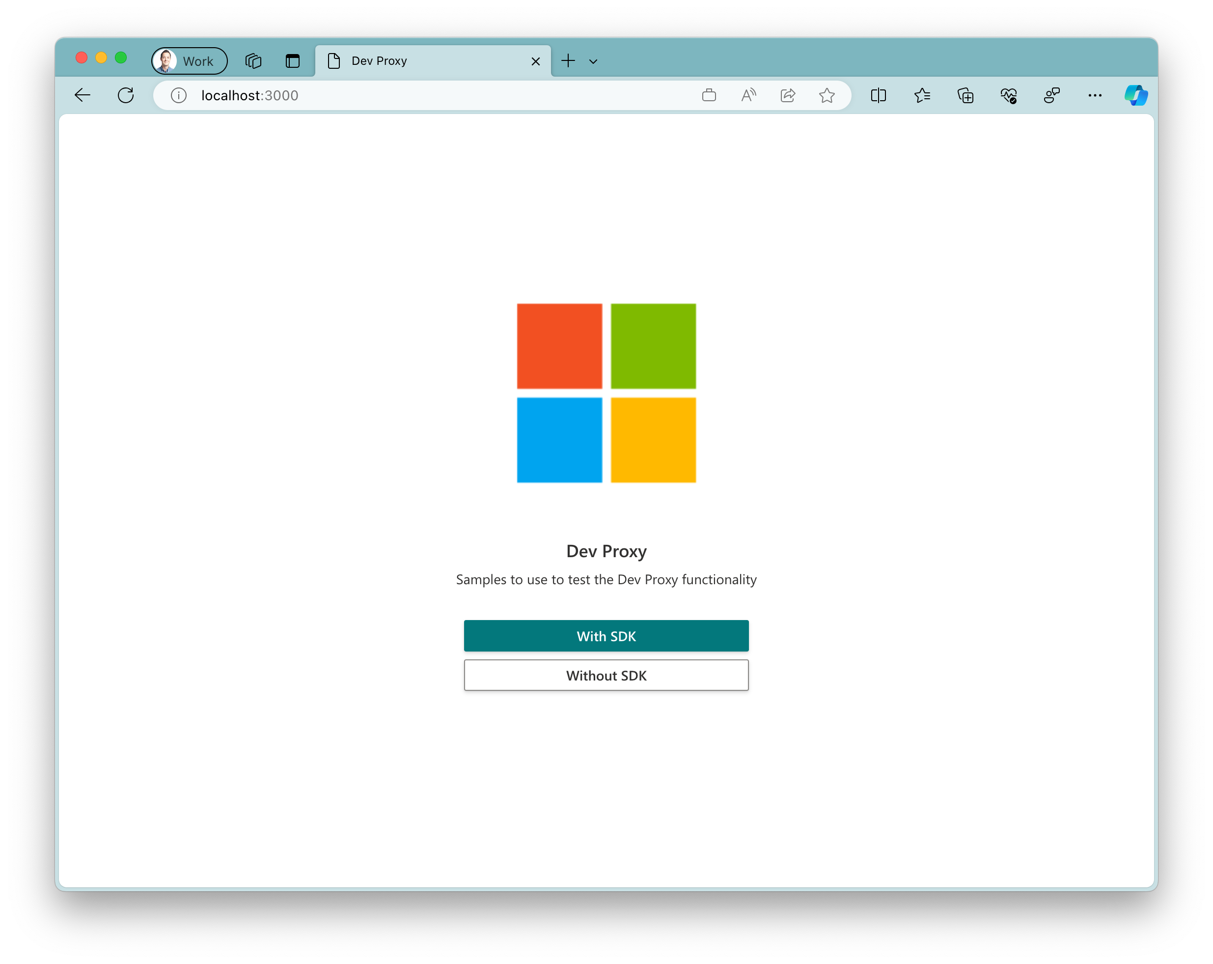 Screenshot der Beispiel-App, die im Microsoft Edge-Browser unter macOS ausgeführt wird. Die App zeigt ein großes Microsoft-Logo mit zwei Schaltflächen darunter. Eine primäre Schaltfläche mit dem Text 