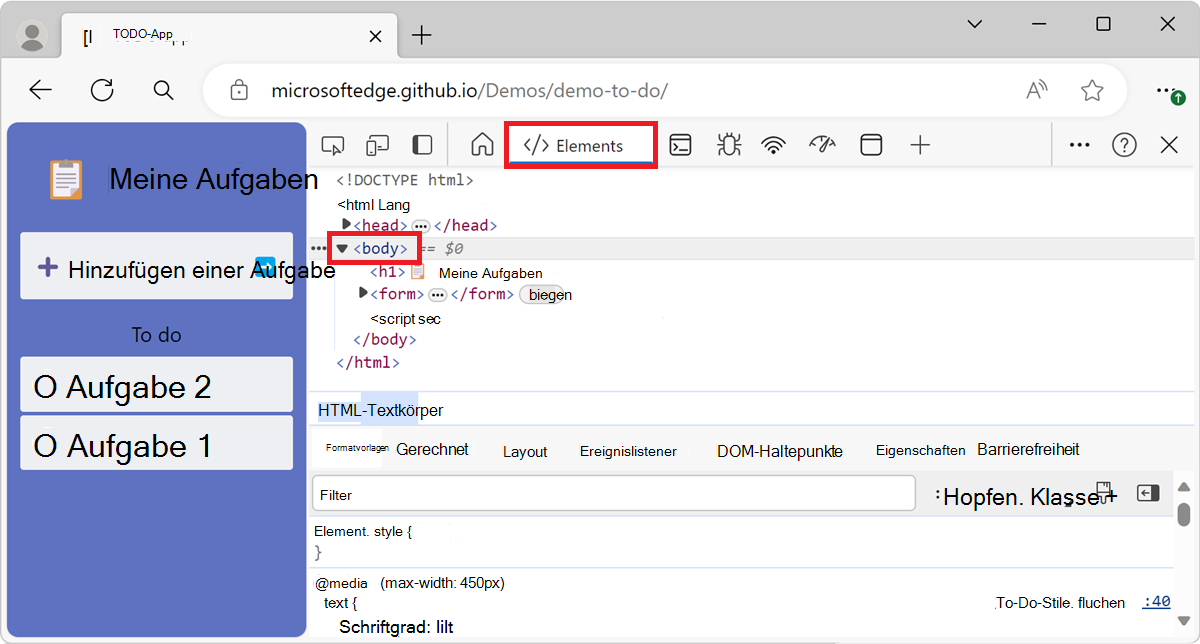 Überprüfen eines Elements mit inspect()