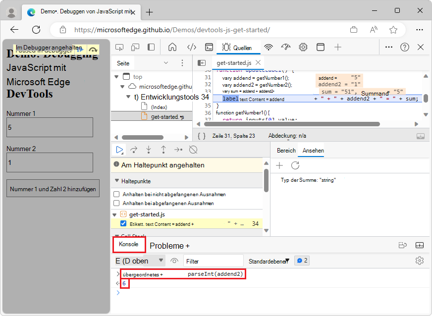 Das Konsolentool nach dem Auswerten von parseInt(addend1) + parseInt(addend2)