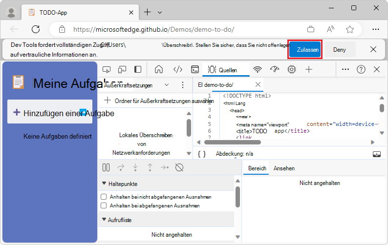 Gewähren von DevTools-Zugriff auf einen Ordner