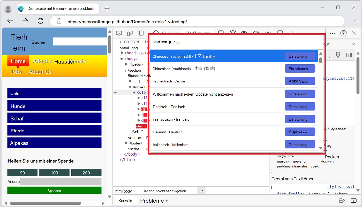 Das Befehlsmenü in DevTools