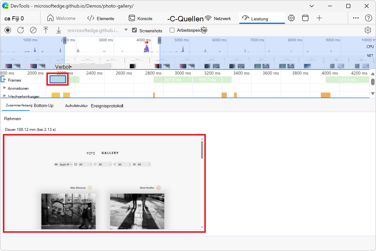 Anzeigen eines Screenshots auf der Registerkarte 