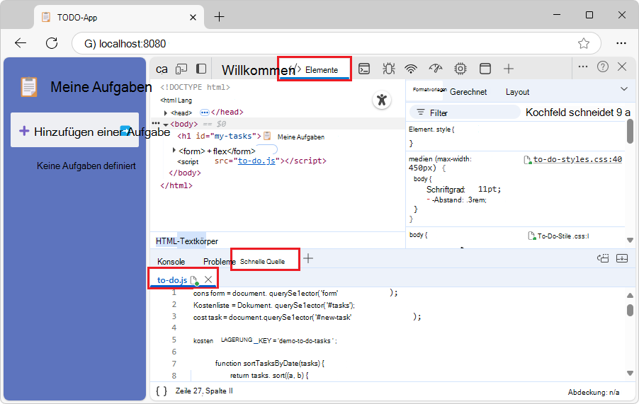 Das Quick source-Tool, das die geöffnete .js Datei enthält
