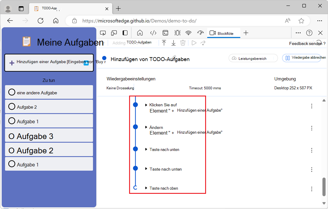 Die wiedergegebenen Interaktionen, die im Aufzeichnungstool als Animation angezeigt werden