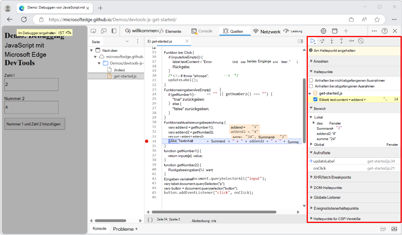 Der Debuggerbereich des Quellentools 