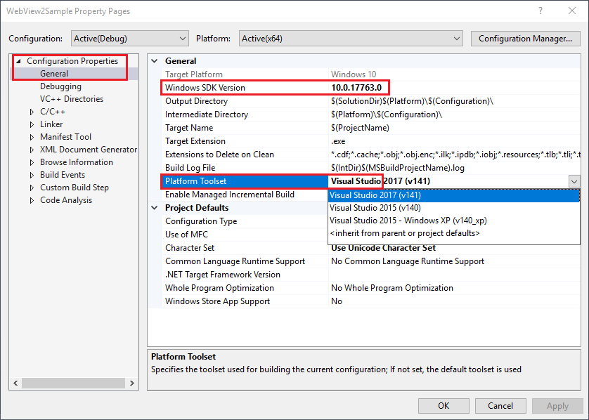 Legen Sie in Visual Studio 2017 Windows SDK Version auf 10 und plattformtoolset auf Visual Studio fest.