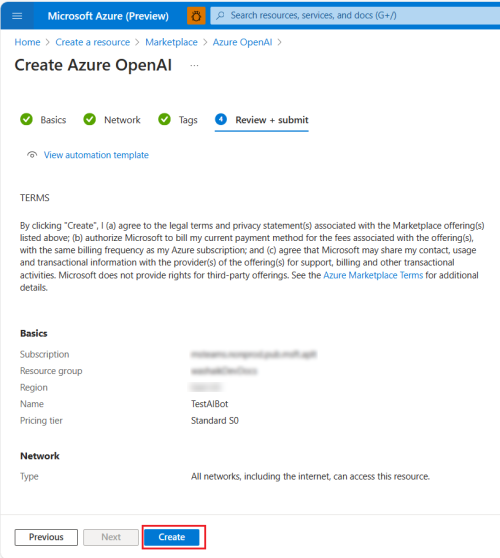 Screenshot: Vorschau und Erstellung Azure OpenAI