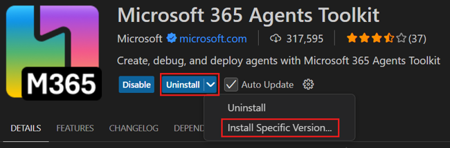 Screenshot: Option zum Auswählen anderer Versionen von Visual Studio Code