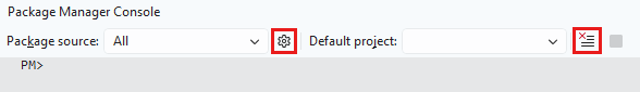 Screenshot des Paket-Manager-Konsolenfensters. Am oberen Rand werden zwei Symbole hervorgehoben. Eine zeigt ein Zahnrad. Die andere zeigt Ausgabelinien und ein rotes X an.
