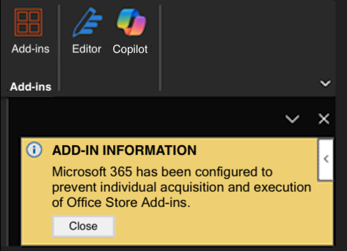 Ein Feld am oberen Rand des Aufgabenbereichs mit dem Titel Add-In-Informationen. Darunter befindet sich der Text 