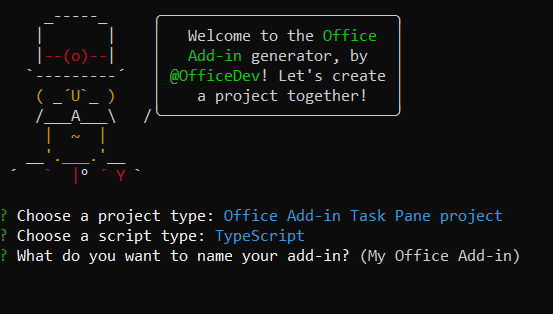 Die Yo Office-Benutzeroberfläche, nachdem der Benutzer TypeScript zur vorherigen Frage ausgewählt hat. Es zeigt die Eingabeaufforderung für den Add-In-Namen im Yeoman-Generator an.