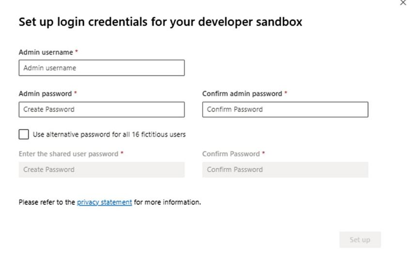 Einrichten der Anmeldeinformationen für Ihre Entwickler-Sandbox– Felder für Administratorbenutzername und -kennwort