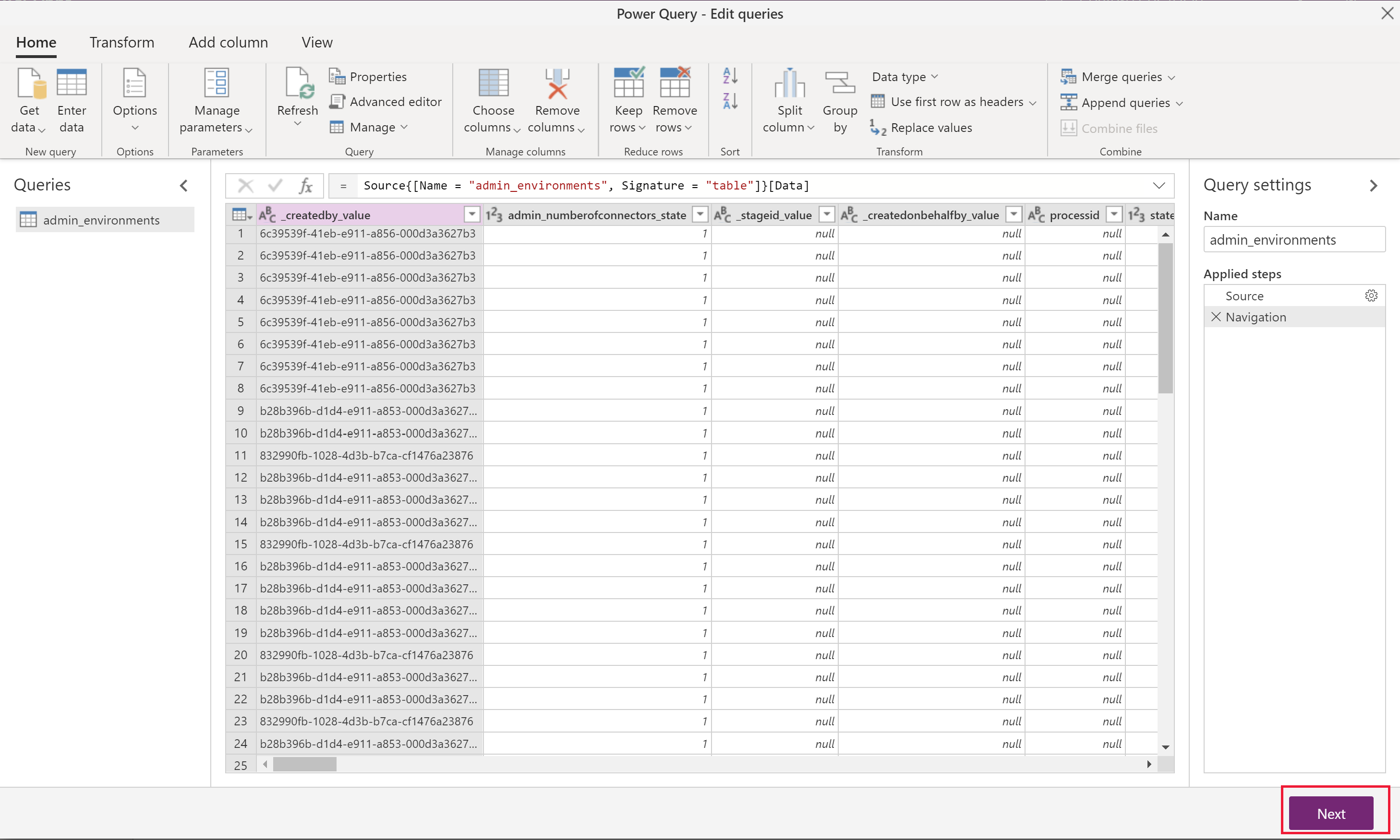 Screenshot des Power Query-Navigators mit verfügbaren Tabellen aus der Quellumgebung.