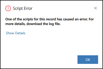 Screenshot eines Skriptfehlerdialogfelds mit JavaScript-Debugginginformationen in modellgesteuerten Apps.