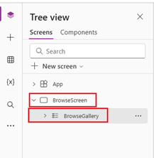 Screenshot der umbenannten Elemente „BrowseScreen“ und „BrowseGallery“ in der Strukturansicht