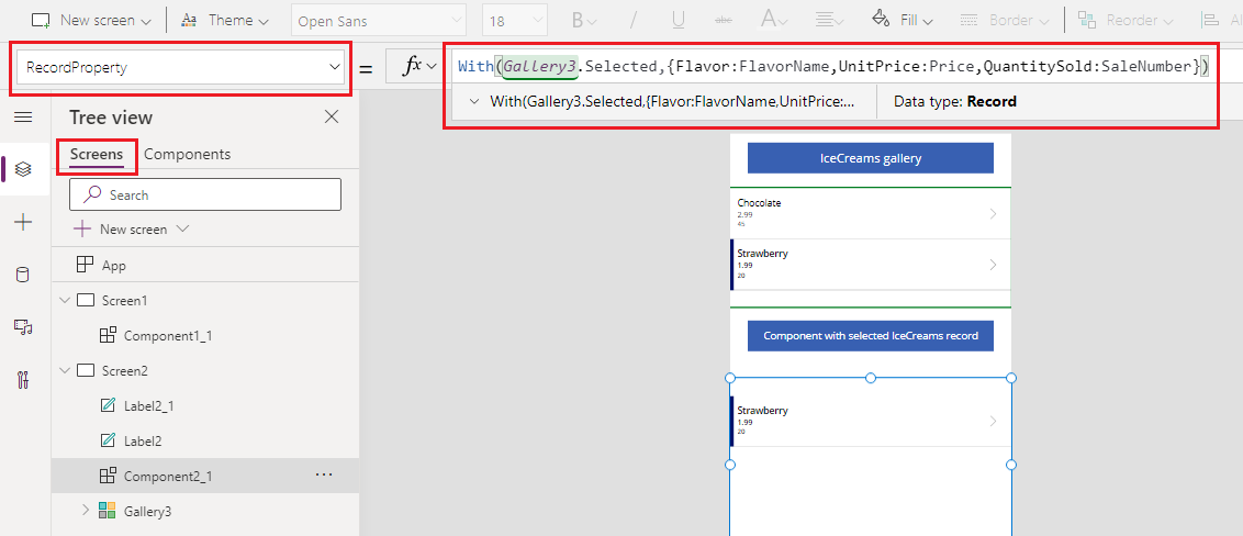 Komponentendatensatz in der App, die dem Datenquellenschema zugeordnet ist.