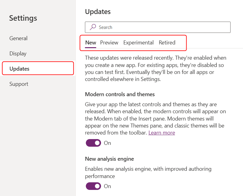 Einstellungen für Canvas-Apps.