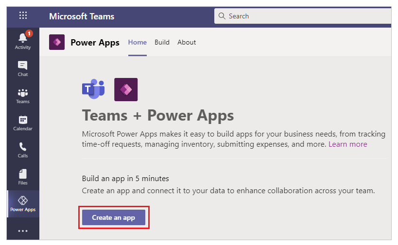 Erstellen Sie eine App aus der Power Apps-Startseite.