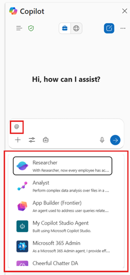 Screenshot, der zeigt, wie Sie Agenten in Microsoft 365 Copilot erwähnen.