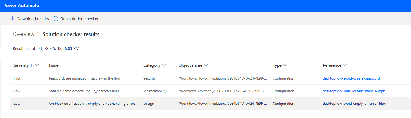 Screenshot der Ergebnisse der statischen Analyse für eine Lösung im Power Automate Portal.