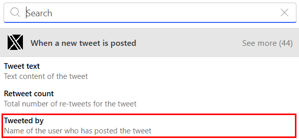 Screenshot des Hinzufügens des dynamischen Inhalts Getweetet von im neuen Designer.