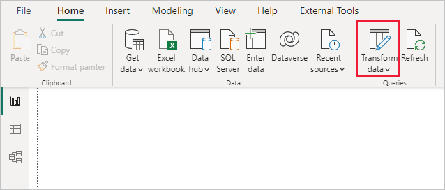 Screenshot des Power Query-Editors in Power BI Desktop mit der Auswahl von Transformationsdaten.