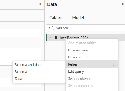 Screenshot der Power BI, die die Aktualisierungsdatenoptionen zeigt.