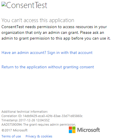 Screenshot des Anmeldedialogfelds des Azure-Portalfensters, in dem der Berechtigungsfehler 