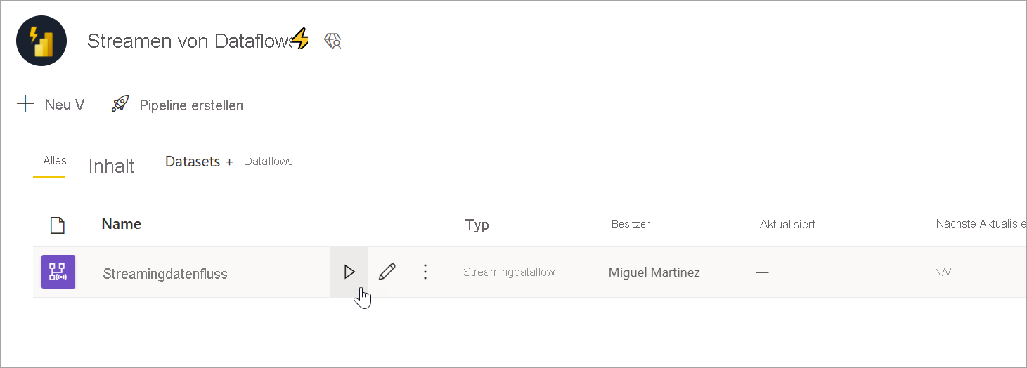 Screenshot, der die Schaltfläche „Wiedergeben“ zum Starten eines Streaming-Dataflows zeigt.