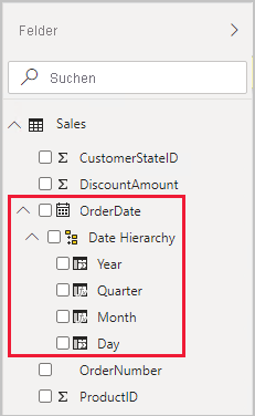 Screenshot: Beispiel für den Bereich „Felder“ mit geöffneter und erweiterter Tabelle „Sales“.