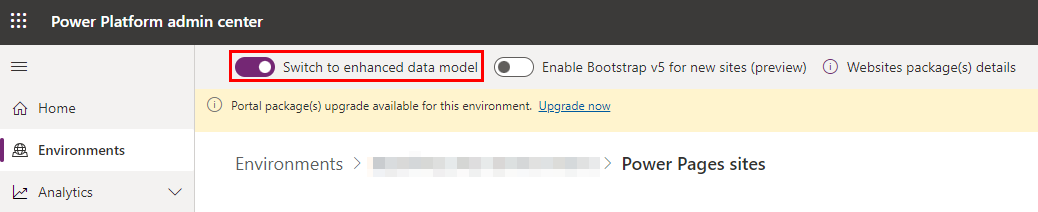 Screenshot des Power Platform Admin Centers mit hervorgehobener Umschaltfläche 