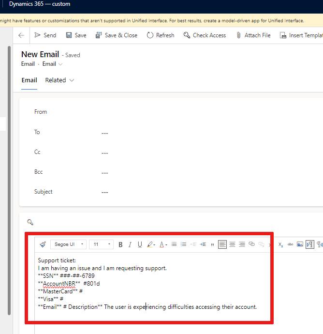Screenshot mit dem Ergebnis der Anwendung der Maskierungsregel im Textkörper der E-Mail.