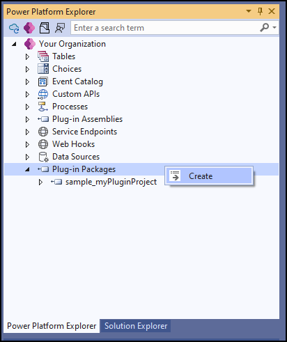 Im Power Platform Explorer wählen Sie „Plug-In-Pakete“ und dann im Kontextmenü „Erstellen“ aus.