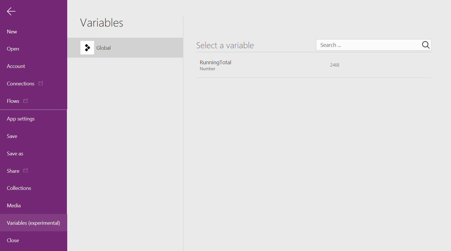 Screenshot der globalen Variablenoption, die im Menü 