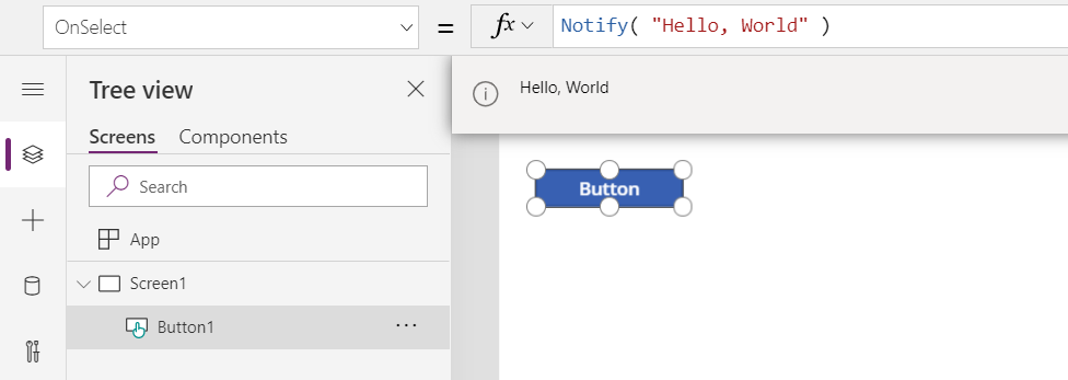 In der Erstellungsumgebung mit Button.OnSelect-Aufrufen Notify und Anzeigen der resultierenden Hello-, World-Nachricht als blaue Bannernachricht für den Benutzer.