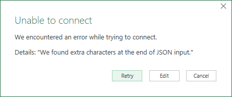 Screenshot der Meldung, die keine Verbindung herstellen kann, wenn versucht wird, eine Verbindung mit einer JSON-Datei herzustellen.
