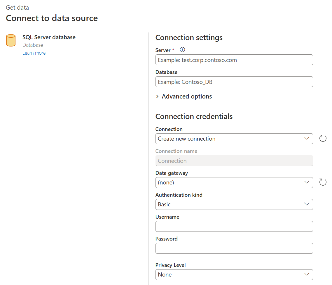 Screenshot des SQL Server-Datenbankverbindungs-Generators in Power Query Online.