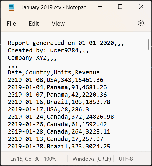 Screenshot der CSV-Beispieldatei für Januar 2019 mit dem Kopfzeilenabschnitt und den restlichen Daten, alle durch Kommas getrennt.