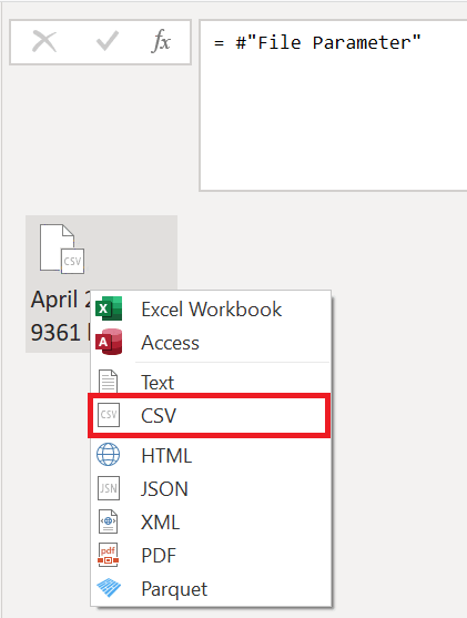 Screenshot des Dropdownmenüs „Binär“ mit hervorgehobener CSV-Datei.