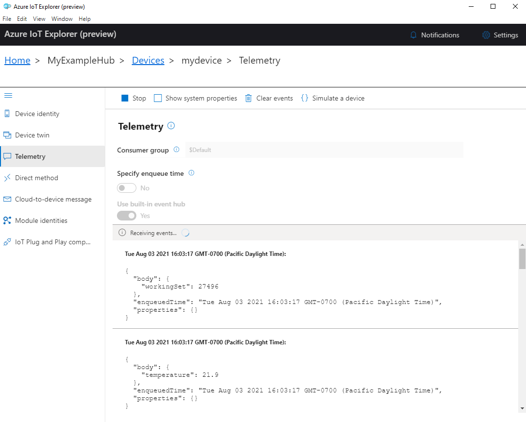 Screenshot der Gerätetelemetrie im IoT-Explorer