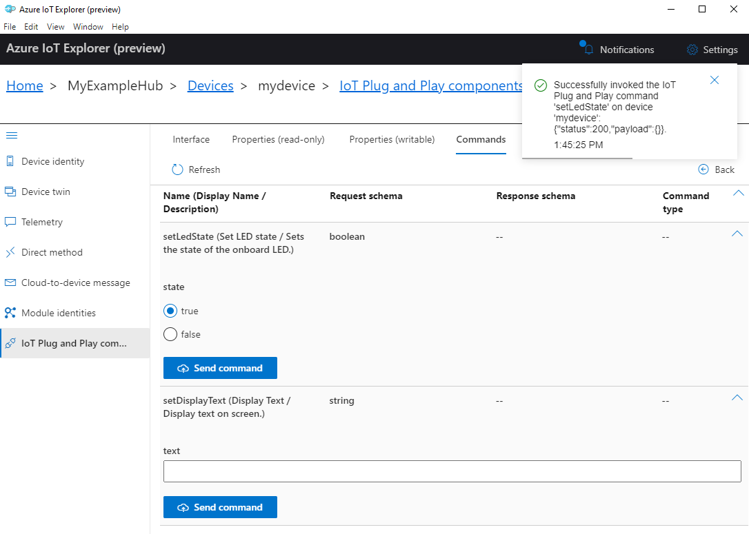 Screenshot: Aufrufen der setLedState-Methode in IoT&nbsp;Explorer
