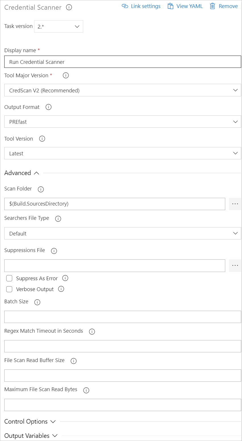 Konfigurieren der Bauaufgabe für den Credential Scanner