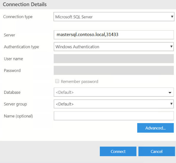 Herstellen einer Verbindung mit SQL Server im Azure Data Studio-Dialogfeld