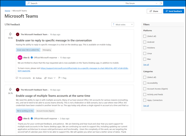 Screenshot: Seite des Microsoft Teams-Feedbackportals.