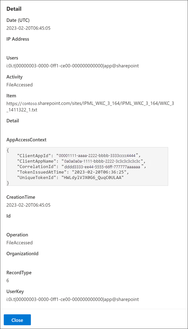 Screenshot des Flyouts für die Details des Suchauftragselements mit den Eigenschaften und Ereignisinformationen des ausgewählten Überwachungsdatensatzes.