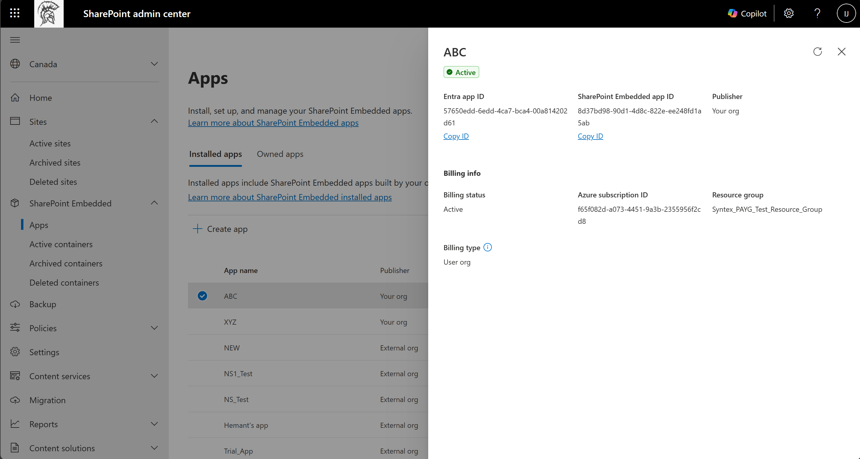 App-Detailbereich für eine installierte App mit einer aktiven status, der Entra App-ID, der SharePoint Embedded-App-ID, dem Herausgeber und Abrechnungsinformationen, die abrechnungs- status, Azure Abonnement-ID, Ressourcengruppe und Abrechnungstyp enthalten.