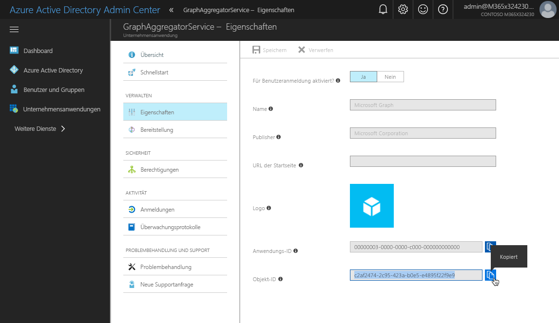 Der Wert der Eigenschaft „Objekt-ID“ im Azure AD-Portal in die Zwischenablage kopiert