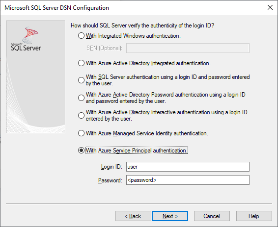 Der Bildschirm zum Erstellen und Bearbeiten von DSNs mit ausgewählter Microsoft Entra Service Principal-Authentifizierung.