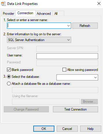 Screenshot der OLE DB-Datenverknüpfungsseiten – Registerkarte 'Verbindung'.