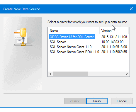 Screenshot des Erstellens einer neuen Datenquelle mithilfe des ODBC-Datenquellenadministrators.
